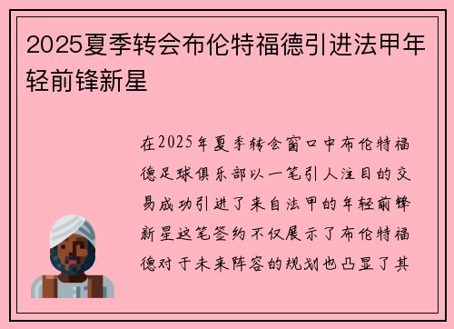 2025夏季转会布伦特福德引进法甲年轻前锋新星 2025夏季转会布伦特福德引进法甲年轻前锋新星