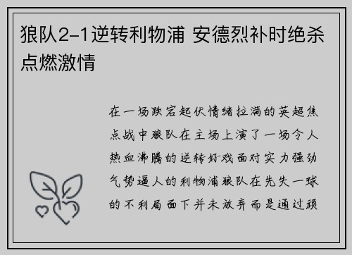 狼队2-1逆转利物浦 安德烈补时绝杀点燃激情
